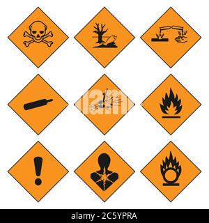 Set di simboli di pericolo per pittogramma GHS. Isolato su sfondo bianco. Raccolta di icone di pericolo pericolose. Immagine vettoriale. Illustrazione Vettoriale