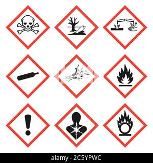 Set di simboli di pericolo per pittogramma GHS. Isolato su sfondo bianco. Raccolta di icone di pericolo pericolose. Immagine vettoriale. Illustrazione Vettoriale