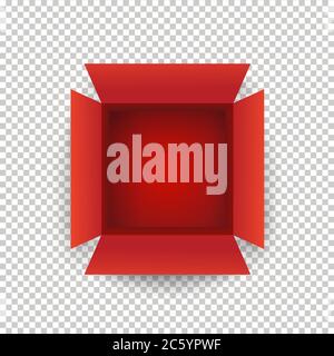 Colore rosso Open Box Vista dall'alto su sfondo trasparente Illustrazione vettoriale. Qualsiasi contenitore per premi vincitore del concorso, scatole regalo realistiche isolate Illustrazione Vettoriale
