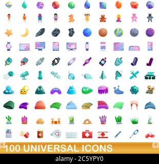 100 universal set di icone. Cartoon illustrazione di 100 icone universali set di vettore isolato su sfondo bianco Illustrazione Vettoriale