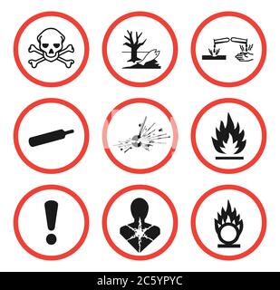 Set di simboli di pericolo per pittogramma GHS. Isolato su sfondo bianco. Raccolta di icone di pericolo pericolose. Immagine vettoriale. Illustrazione Vettoriale