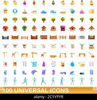 100 universal set di icone. Cartoon illustrazione di 100 icone universali set di vettore isolato su sfondo bianco Illustrazione Vettoriale