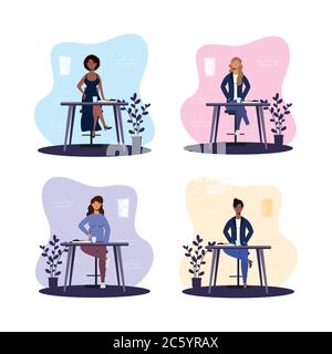 donne interrazziali che mangiano nel ristorante che pratica il distanziamento sociale, covid19 metodo di prevenzione disegno vettoriale di illustrazione Illustrazione Vettoriale