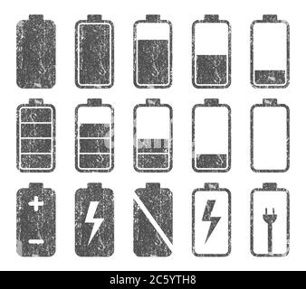 Set di icone della batteria. Logo del livello di carica accu. Immagine vettoriale. Isolato su sfondo bianco. Illustrazione Vettoriale