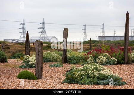 Annessi e linee elettriche associate alla centrale nucleare di Dungeness, visti dal giardino di Prospect Cottage, Dungeness, Kent, Inghilterra Foto Stock