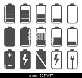 Set di icone della batteria. Logo del livello di carica accu. Immagine vettoriale. Isolato su sfondo bianco. Illustrazione Vettoriale