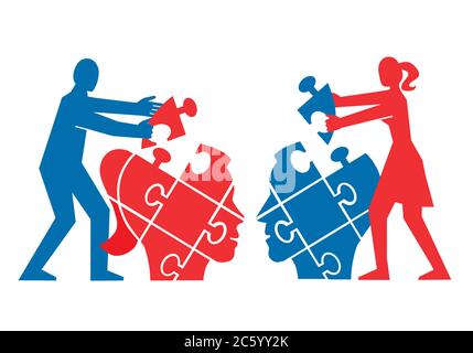 Coppia, comprensione reciproca e dialogo, concetto di puzzle. Illustrazione di coppia che monta un puzzle della testa del partner. Illustrazione Vettoriale