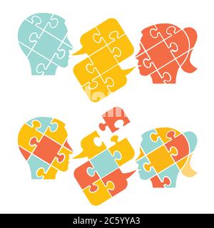 Ouple, psicologia della comprensione e del dialogo, concetto di puzzle due sagome testa stilizzata maschio con puzzle bolla di parola simbolizzante psicologia. Illustrazione Vettoriale