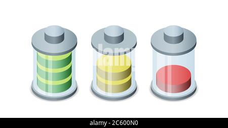 set di icone isometriche di carica della batteria isolate su sfondo bianco Illustrazione Vettoriale