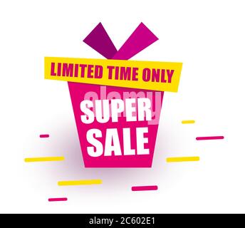 Adesivo super Vendita scatola regalo rossa dice super vendita solo per un periodo limitato. Etichette di sconto. Offerta promozionale. Banner di vendita colorati. Banner vettoriale in moderno Illustrazione Vettoriale