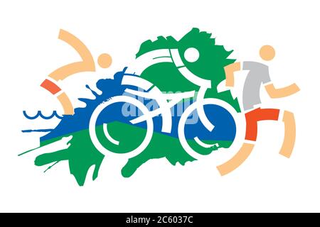 Gara Triathlon, concorrenti. Dinamico e espressivo che disegna tre atleti triathlon sullo sfondo grunge. Vettore disponibile. Illustrazione Vettoriale