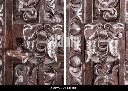 Parte del vecchio armadio come esempio di bel sfondo di scultura in legno. Foto Stock