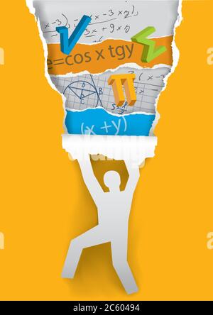 Impara e scopri la matematica. Silhouette umana che strappa carta arancione con simboli matematici e note. Vettore disponibile. Illustrazione Vettoriale