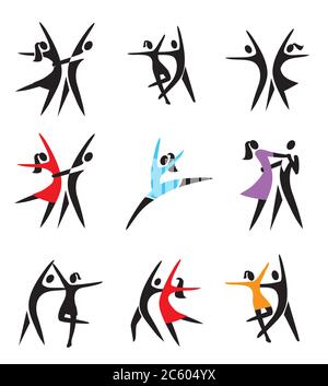 Coppia, sala da ballo, balletto, icone. Set di simboli di danza neri e colorati. Isolato su sfondo bianco. Vettore disponibile. Illustrazione Vettoriale