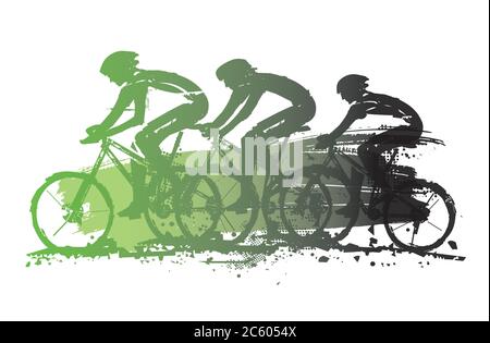 Mountain biker, competizione. Grunge espressivo stilizzato illustrazione di tre ciclisti su mountain bike. Vettore disponibile. Illustrazione Vettoriale