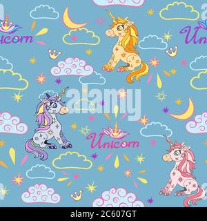 Un motivo senza cuciture di simpatici unicorni magici sul cielo con nuvole e stelle colorate. Illustrazione Vettoriale