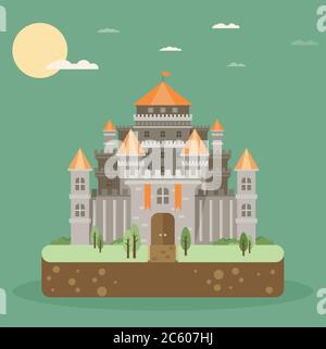 Magico favoloso castello di cartoni animati. Illustrazioni piatte vettoriali Illustrazione Vettoriale