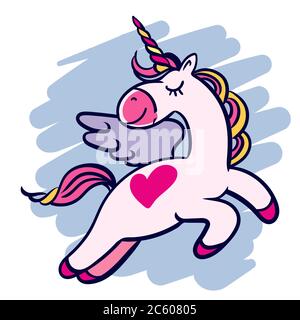 Unicorno volante magico disegnato a mano con un cuore. Illustrazione Vettoriale