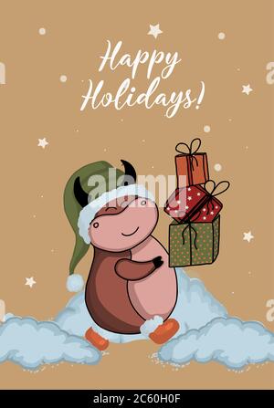 Carta kraft natalizia, disegnata a mano. Illustrazione vettoriale dell'anno del toro 2021. Buone vacanze Illustrazione Vettoriale