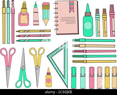 set di adesivi scolastici. Accessori scolastici. Cancelleria su sfondo bianco isolato. Forbici, righello triangolare, matite, penne e pennarelli Illustrazione Vettoriale