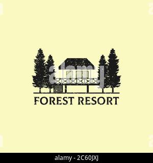 Rustic Nature Forest Resort logo design, ideale per business e idea di hotel logo Illustrazione Vettoriale