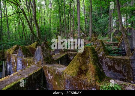 Resti del Westwall sopra la Grölisbach, vicino a Roetgen, 100 metri di lunghezza barriera anticarro attraverso una piccola valle, costruito 1939, Eifel, NRW, Germania Foto Stock