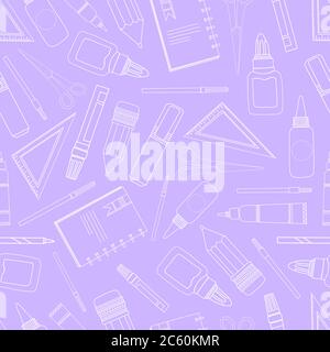 Modello senza soluzione di continuità per la scuola. Forniture scolastiche. Cancelleria su sfondo rosa Illustrazione Vettoriale