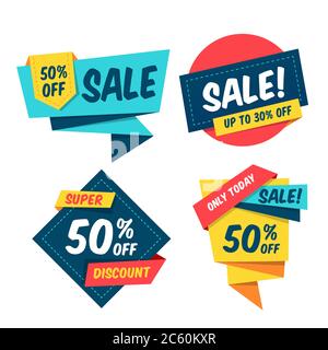 Collezione colorata di modelli di etichette in vendita. Stile carta Origami. Elementi vettoriali isolati. Design facilmente modificabile. Illustrazione Vettoriale