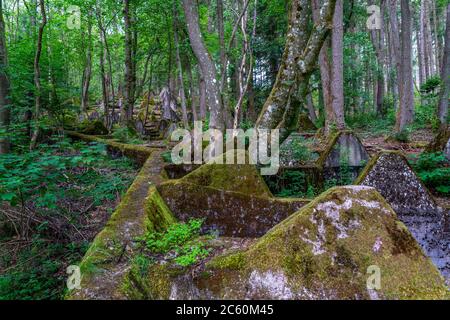 Resti del Westwall sopra la Grölisbach, vicino a Roetgen, 100 metri di lunghezza barriera anticarro attraverso una piccola valle, costruito 1939, Eifel, NRW, Germania Foto Stock