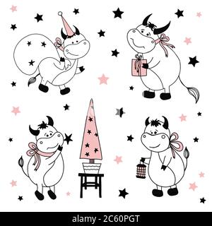 Simbolo toro di 2021. Bisonte o mucca di carattere. Divertente buoi carino su sfondo bianco. Illustrazioni di Natale Illustrazione Vettoriale