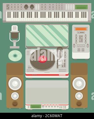 Set di icone piatte per la produzione di musica vettoriale. Illustrazione Vettoriale