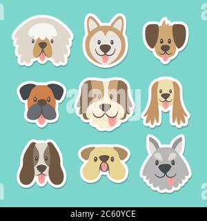 Carino collezione di adesivi con diverse teste di cani in stile cartone animato. Illustrazione vettoriale. Illustrazione Vettoriale