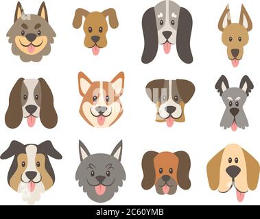Collezione facce cane. Carino cartoon cane facce con la loro lingua fuori. Set di icone avatar. Illustrazione vettoriale. Illustrazione Vettoriale