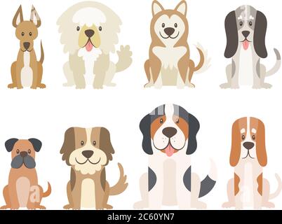 Raccolta di diversi tipi di cani isolati su sfondo bianco. Cani carini in stile cartoon seduti in posizione vista frontale. Illustrazione vettoriale. Illustrazione Vettoriale