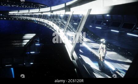 Da sola astronauta in spazio futuristico corridoio, sala. vista della terra. Il rendering 3d. Foto Stock