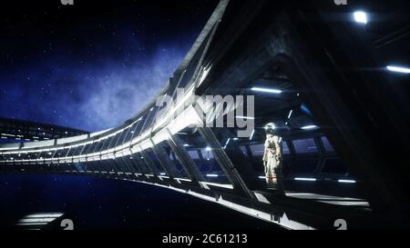 Da sola astronauta in spazio futuristico corridoio, sala. vista della terra. Il rendering 3d. Foto Stock