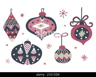 Palline di natale disegnate a mano con ornamento geometrico. Modello di carta di Natale. Decorazione xmas. Illustrazione vettoriale. Illustrazione Vettoriale