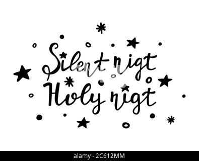 Scritta a mano notte silenziosa, notte Santa isolata su sfondo bianco. Elementi di design invernali disegnati a mano per banner Web, poster, biglietti, stampa. Vettore il Illustrazione Vettoriale