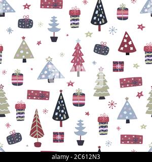 Motivo natalizio senza cuciture disegnato a mano. Struttura di doodle con albero di Natale, scatole regalo e fiocchi di neve. Modello scandinavo. Illustrazione vettoriale. Illustrazione Vettoriale