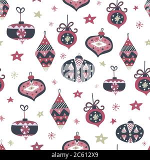 Palle di Natale disegnate a mano con ornamento geometrico. Buon Natale palle modello senza giunture. Modello di carta di Natale. Elemento di design per le vacanze invernali. Vettore Illustrazione Vettoriale