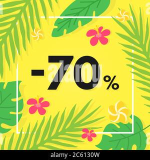 Banner di vendita estiva con foglie tropicali e frutta. Offerta speciale, sconto 70 ore su 24. Sconto luminoso design con foglie di palme giungla su sfondo giallo. Ve Illustrazione Vettoriale