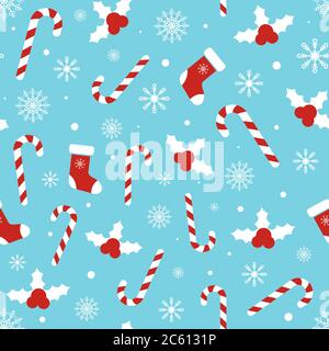 Modello di Natale con bacche agili, canne caramelle, calzini xmas fiocchi di neve, palle di neve su sfondo blu. Felice anno nuovo design. Vettore invernale Illustrazione Vettoriale