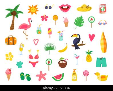 Set estivo con elementi disegnati a mano. Estate Beach party design con flamingo doodle, fiori, frutta tropicale, dolci. Vettore colore Illustrazione Vettoriale