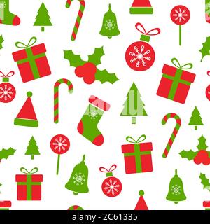 Modello di Natale con le bacche agili scatole regalo palline, canna da zucchero, campana, albero, fiocchi di neve. Allegro motivo natalizio senza cuciture. Elementi di design per le vacanze. Illustrazione Vettoriale