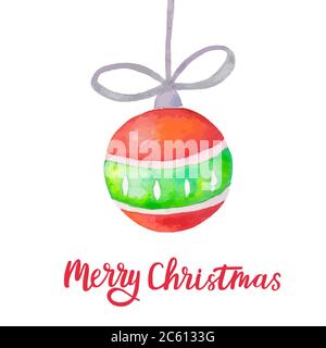 Pallina di Natale acquerello su sfondo bianco. Buon biglietto d'auguri natalizio con palla di Natale e lettere a mano. Elemento decorativo per le vacanze. Vettore Illustrazione Vettoriale