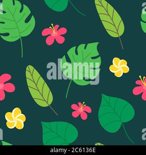 Motivo tropicale senza giunture su sfondo verde scuro. Design estivo con foglie tropiche, monstera, foglie di banana, ibisco, fiori di plumeria. Vettore Illustrazione Vettoriale