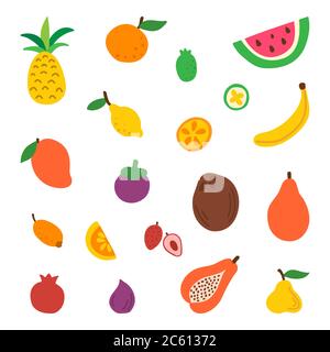 Set di frutta isolato su sfondo bianco. Doodle frutta tropicale naturale. Cibo organico disegnato a mano. Insalata fresca sana. Icone di cartoni animati. Menu vegan.vettore Illustrazione Vettoriale