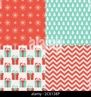 Set di motivi di Natale senza giunture. 4 modelli di Vacanze invernali. Infinite texture per carta da parati, sfondo pagina web, carta da imballaggio. Vettore Illustrazione Vettoriale