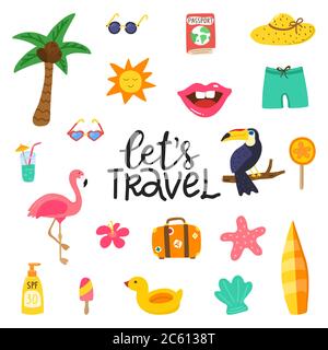 Lascia un preventivo di viaggio disegnato a mano con elementi estivi. Design estivo con flamingo doodle, fiori, frutta tropicale, toucan, dolci. Set di colori. Vettore Illustrazione Vettoriale