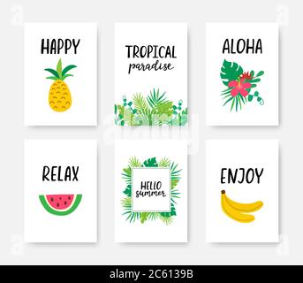Poster tropicale estivo A4 con scritta disegnata a mano. Banner vacanze estive. Design tropicale creativo per il web o la pubblicità. Vettore Illustrazione Vettoriale